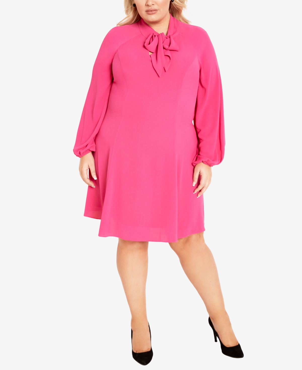 Avenue Plus Size Nicole Tie Neck Mini Dress In Hot Pink