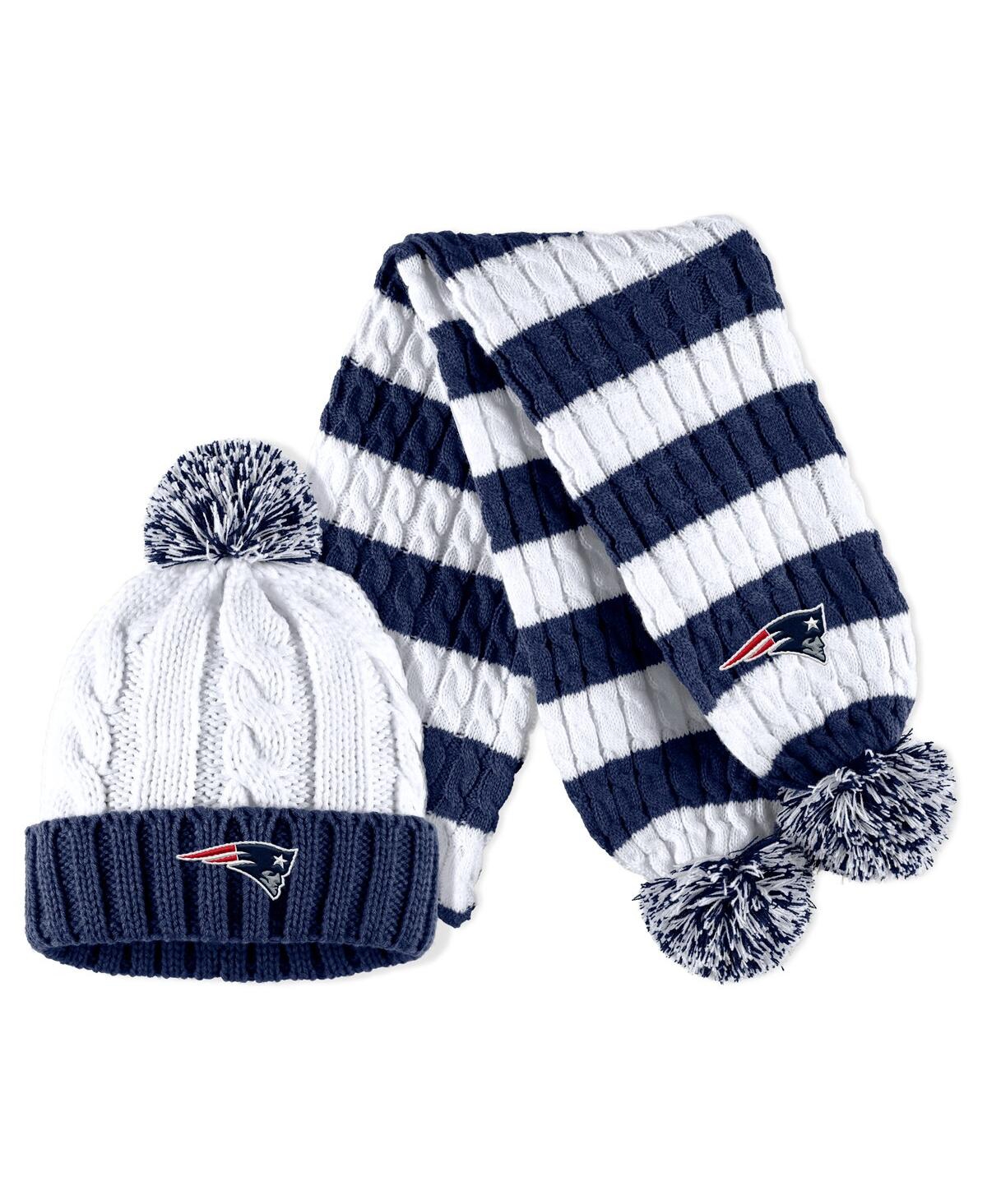 Wear By Erin Andrews Women's  White New England Patriots Cable Stripe Cuffed Knit Hat With Pom And Sc
