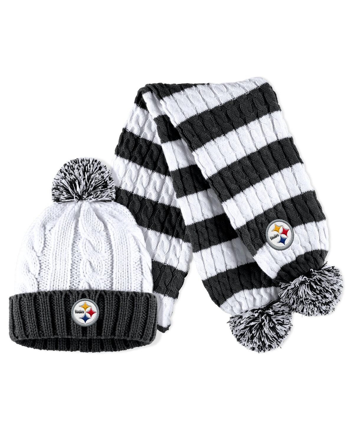 Wear By Erin Andrews Women's  White Pittsburgh Steelers Cable Stripe Cuffed Knit Hat With Pom And Sca