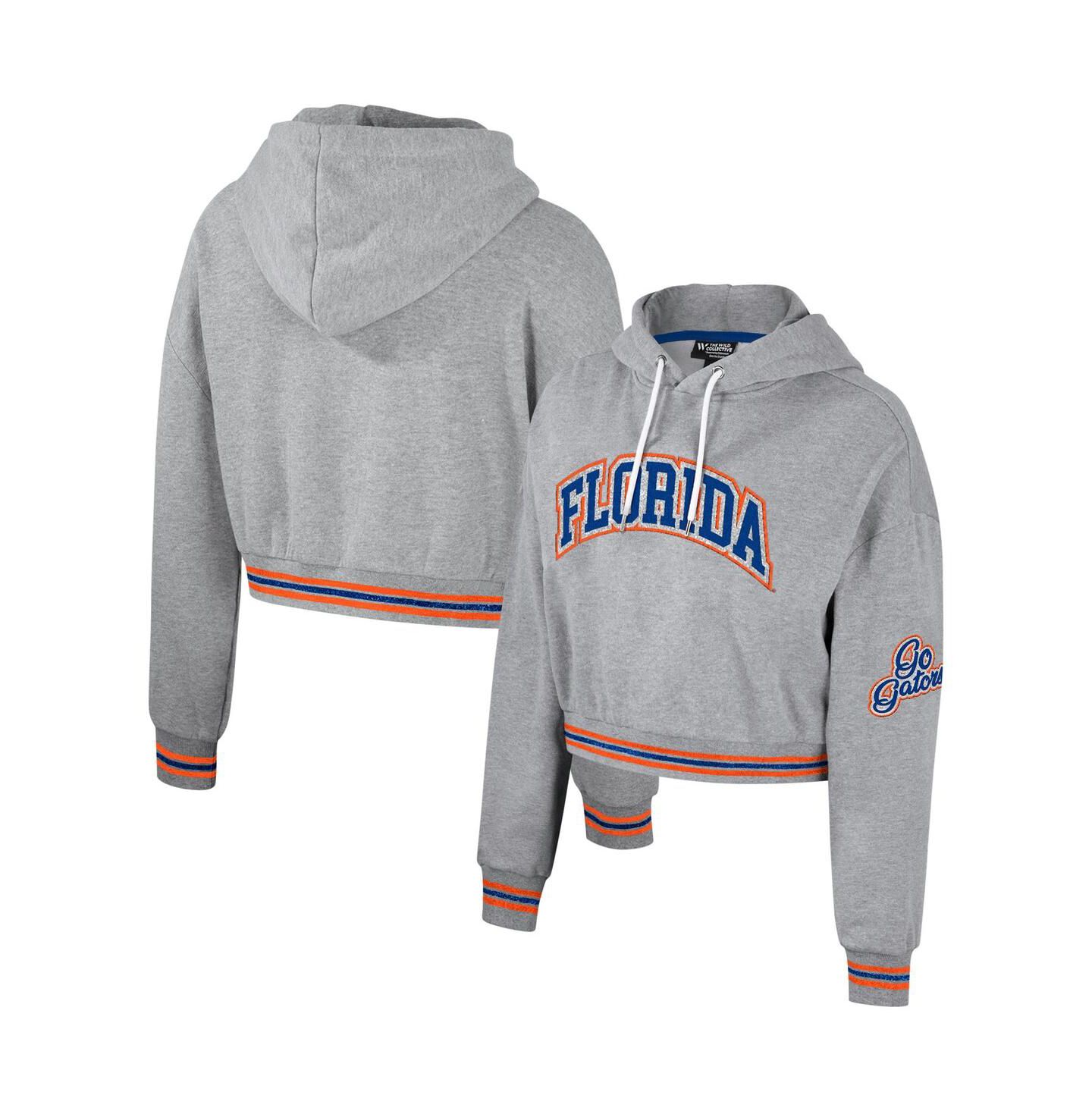 Женское худи The Wild Collective Heather Gray Distressed Florida Gators Cropped Shimmer Pullover — фото 1