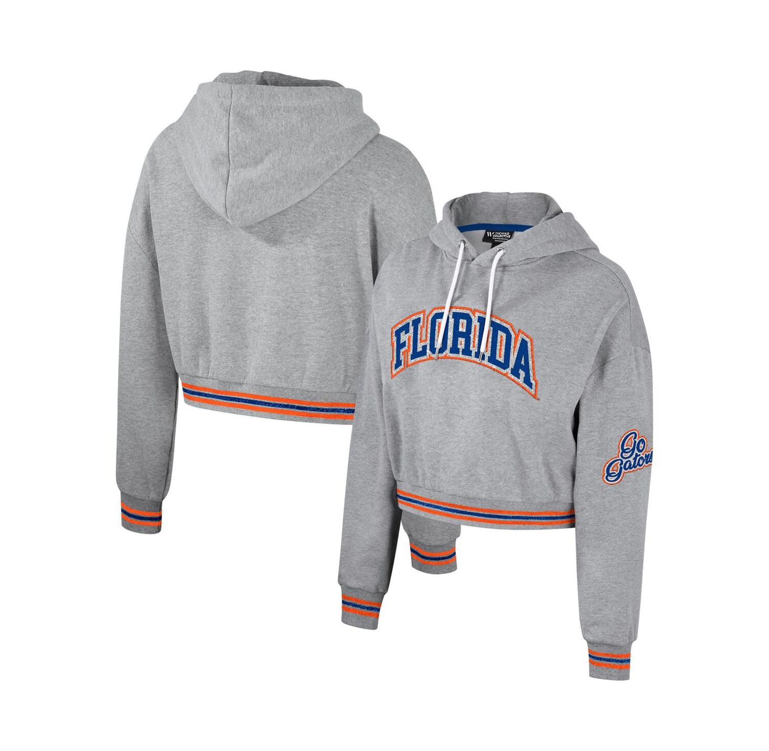 Women's Heather Gray Distressed Florida Gators Cropped Shimmer Pullover Hoodie