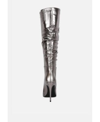 NEW-EXPRESSION Womens Metallic Ruched Stiletto Knee Boots
