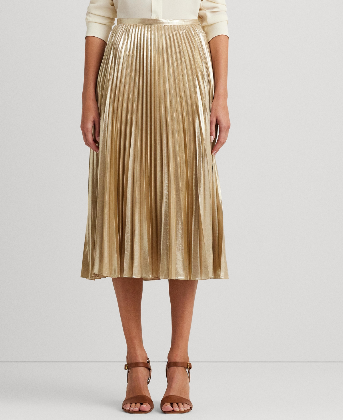 Lauren Ralph Lauren Women's Pleated Metallic Chiffon Skirt In Explorer Sand,light Gold