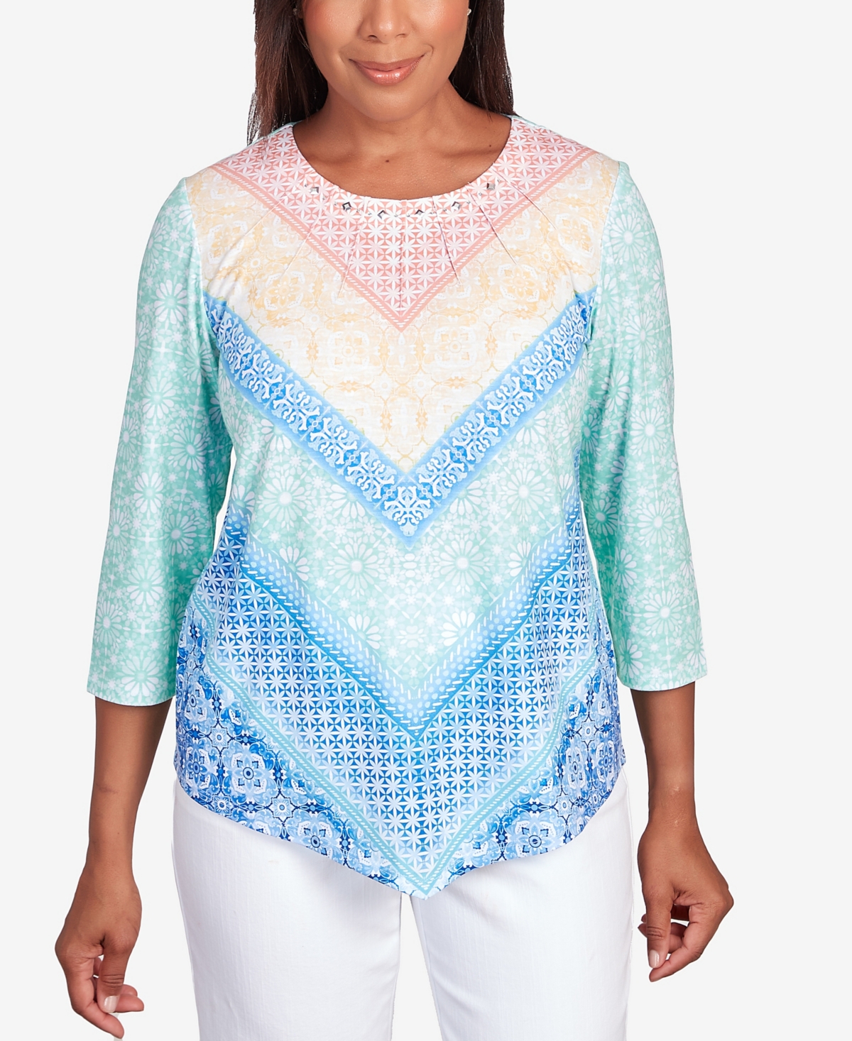 Shop Alfred Dunner Petite Classic Pastels Pleated Neck Chevron Top In Multi