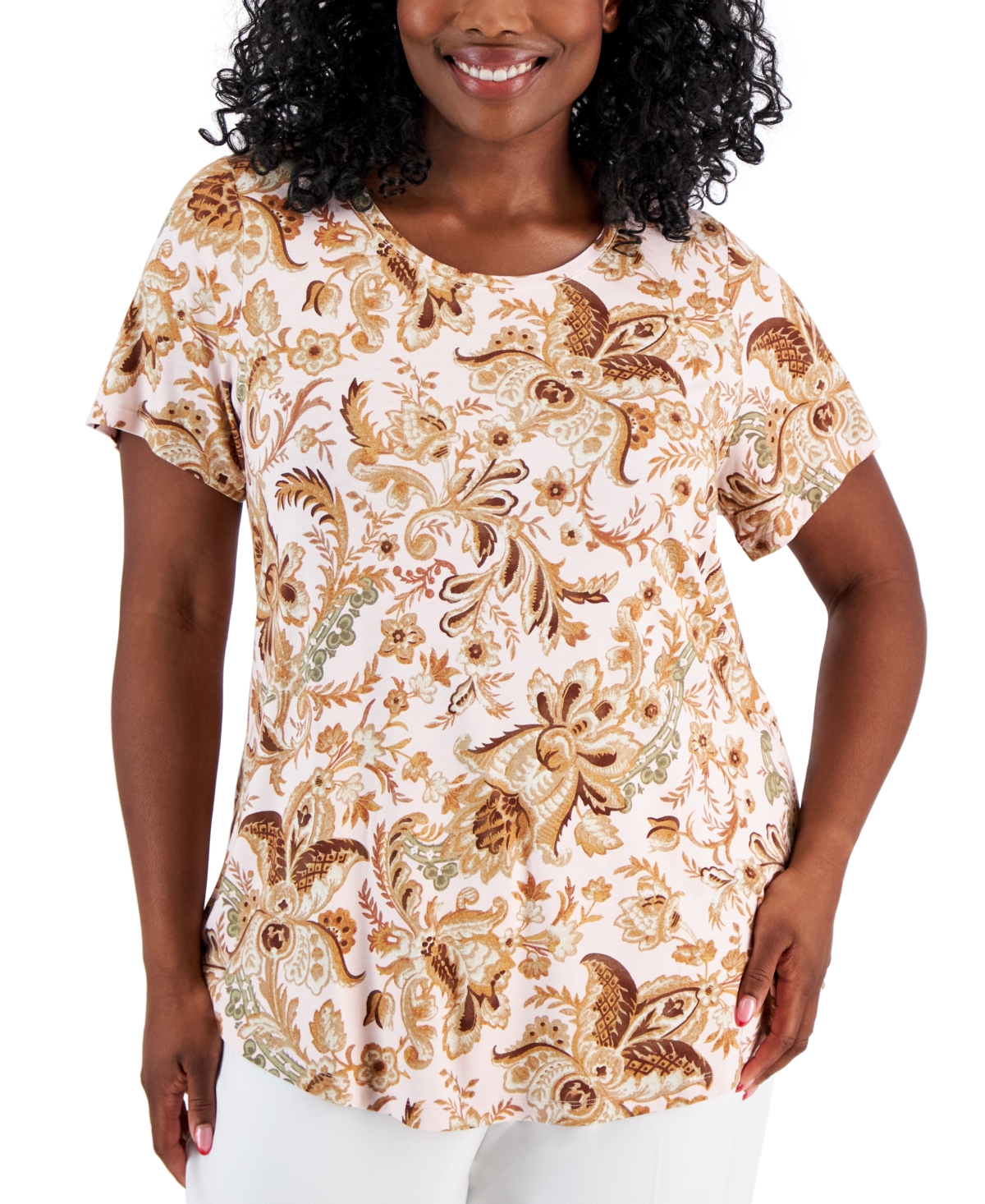 Shop Jm Collection Plus Size Bloom Print Short-sleeve Top, Created For Macy's In Lilac Sky Combo