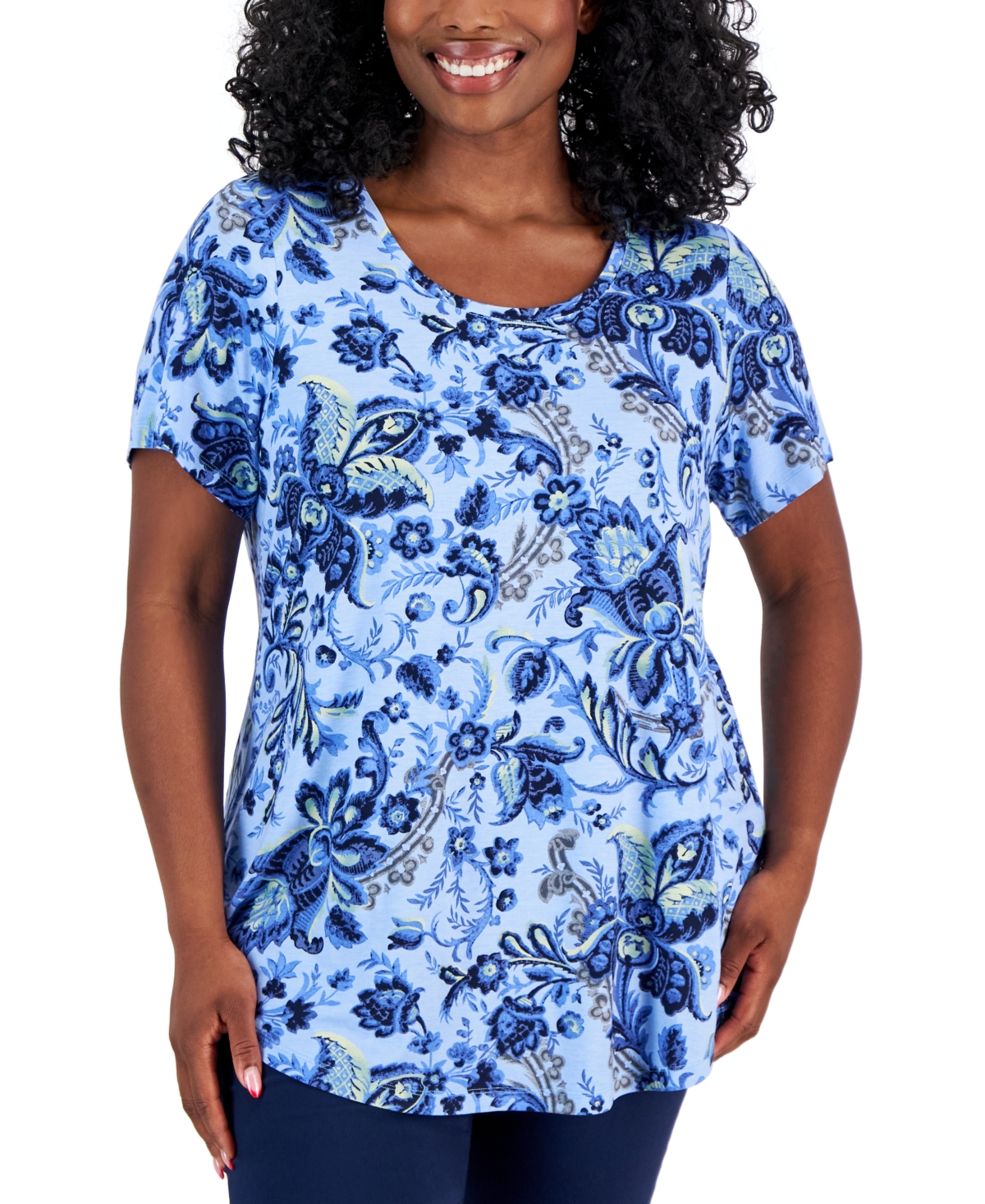 Plus Size Bloom Print Short-Sleeve Top, Created for Macy's - Lilac Sky Combo