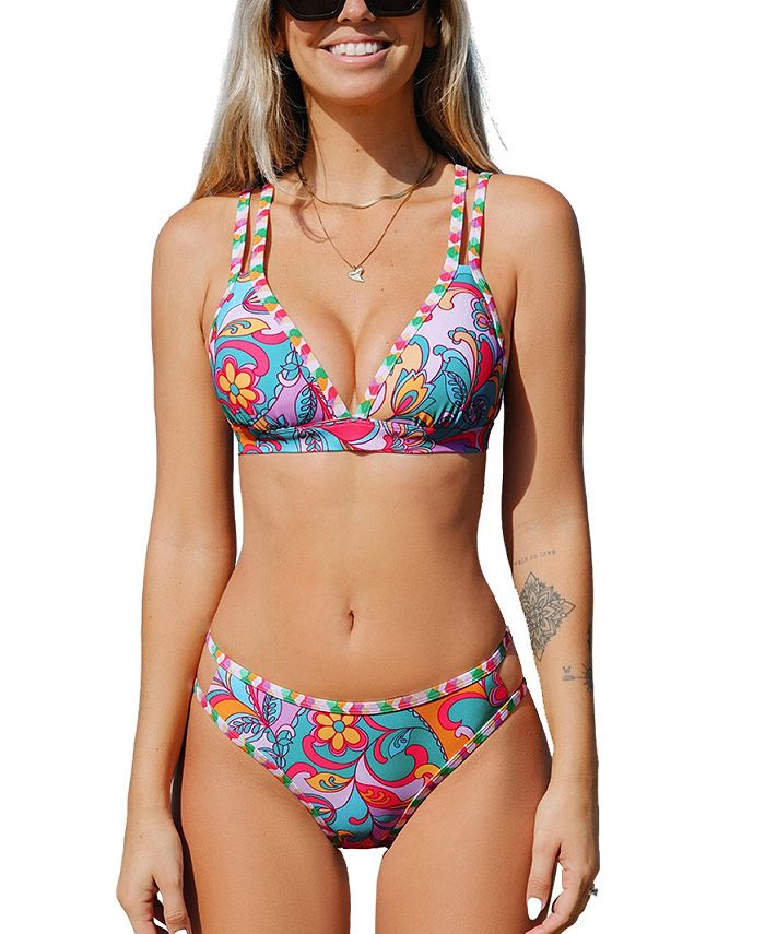 Swim Romper with Built in Bra and Pockets Ladies Sexy High Waist Printed V  Neck Color Block Beach Bikini