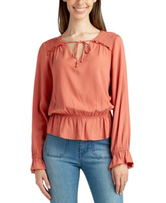 BCX - Juniors' Tie-Neck Long-Sleeve Shirred Peplum Top