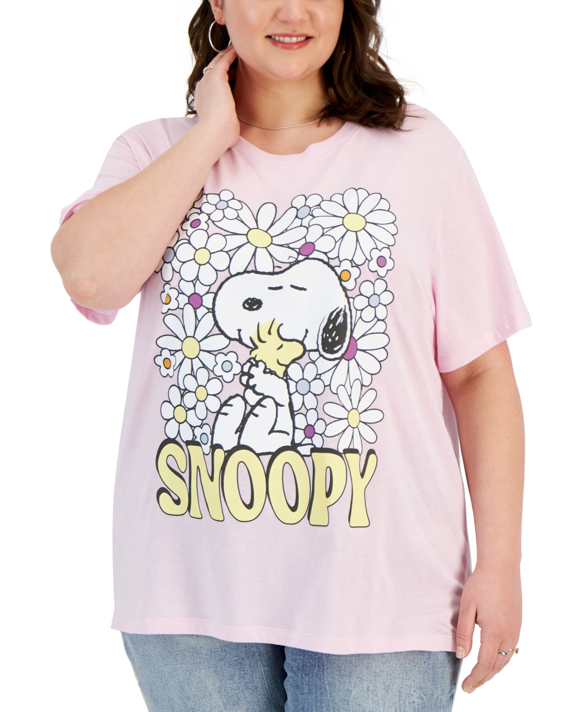 Trendy Plus Size Snoppy Flower Graphic T-Shirt - Pink