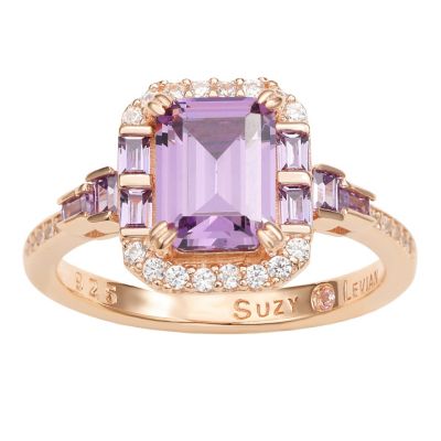 Suzy Levian Sterling Silver Emerald Cut Cubic Zirconia Multi-Cut Center Stone Ring