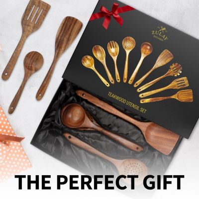 9-Piece Teak Wooden Utensils for Cooking with Premium Gift Box