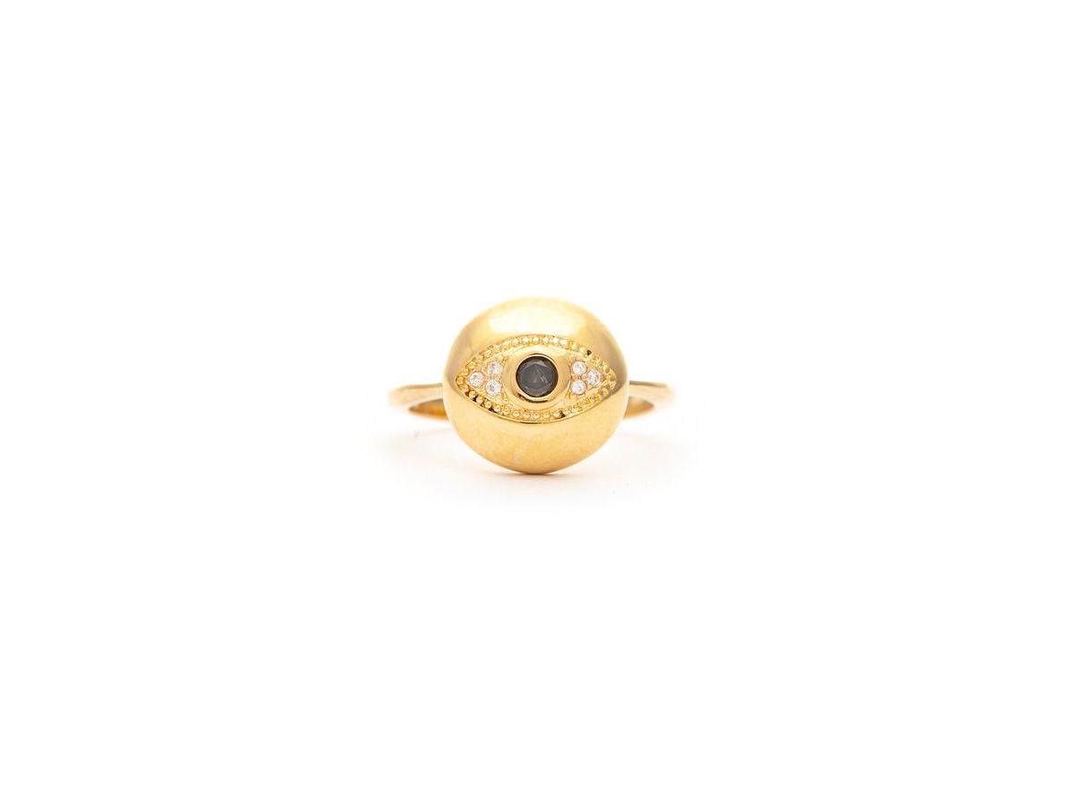 Onyx + Cz Evil Eye Ring - Gold with black onyx