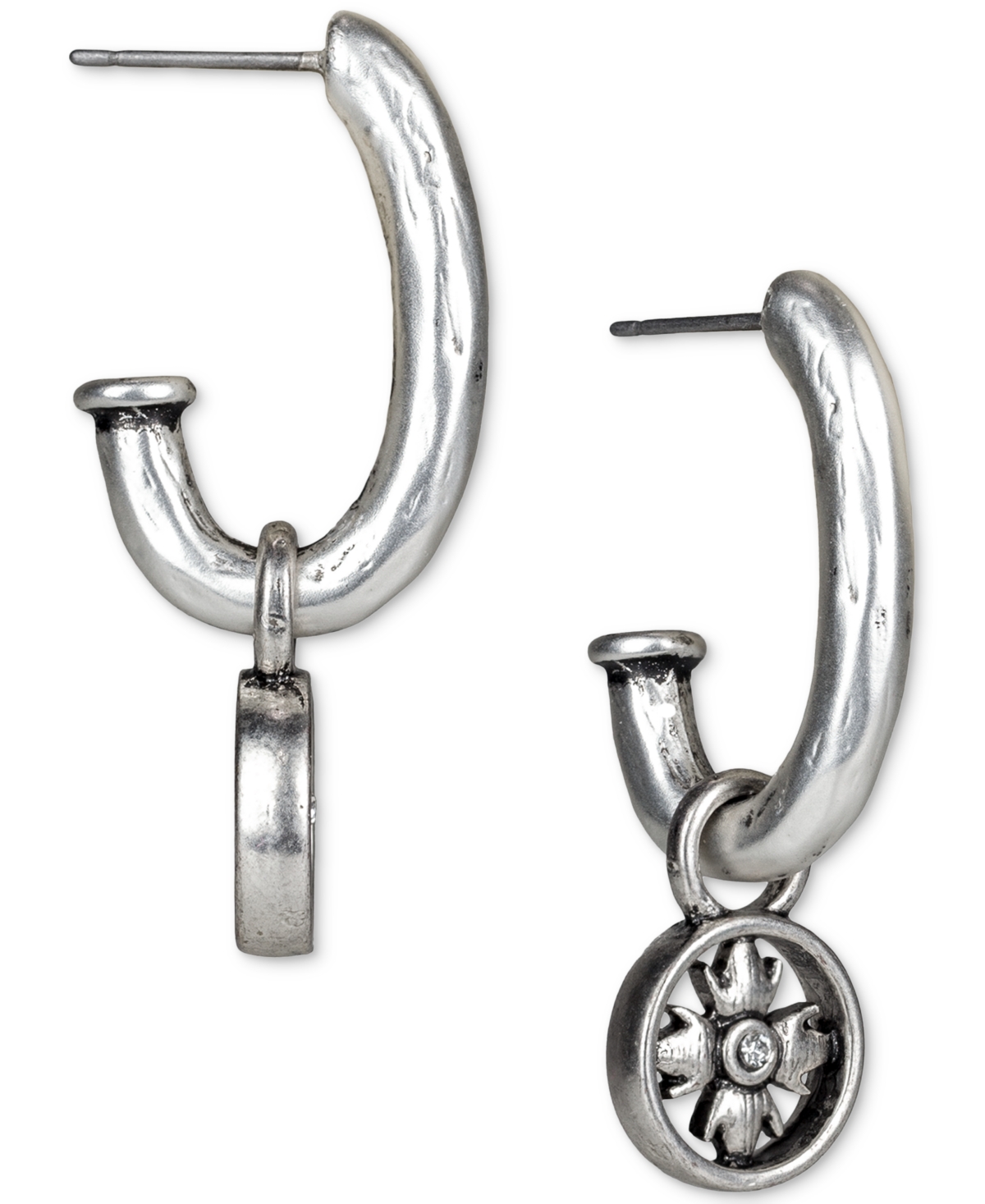 Pave Floret Charm J-Hoop Earrings - Silver Ox