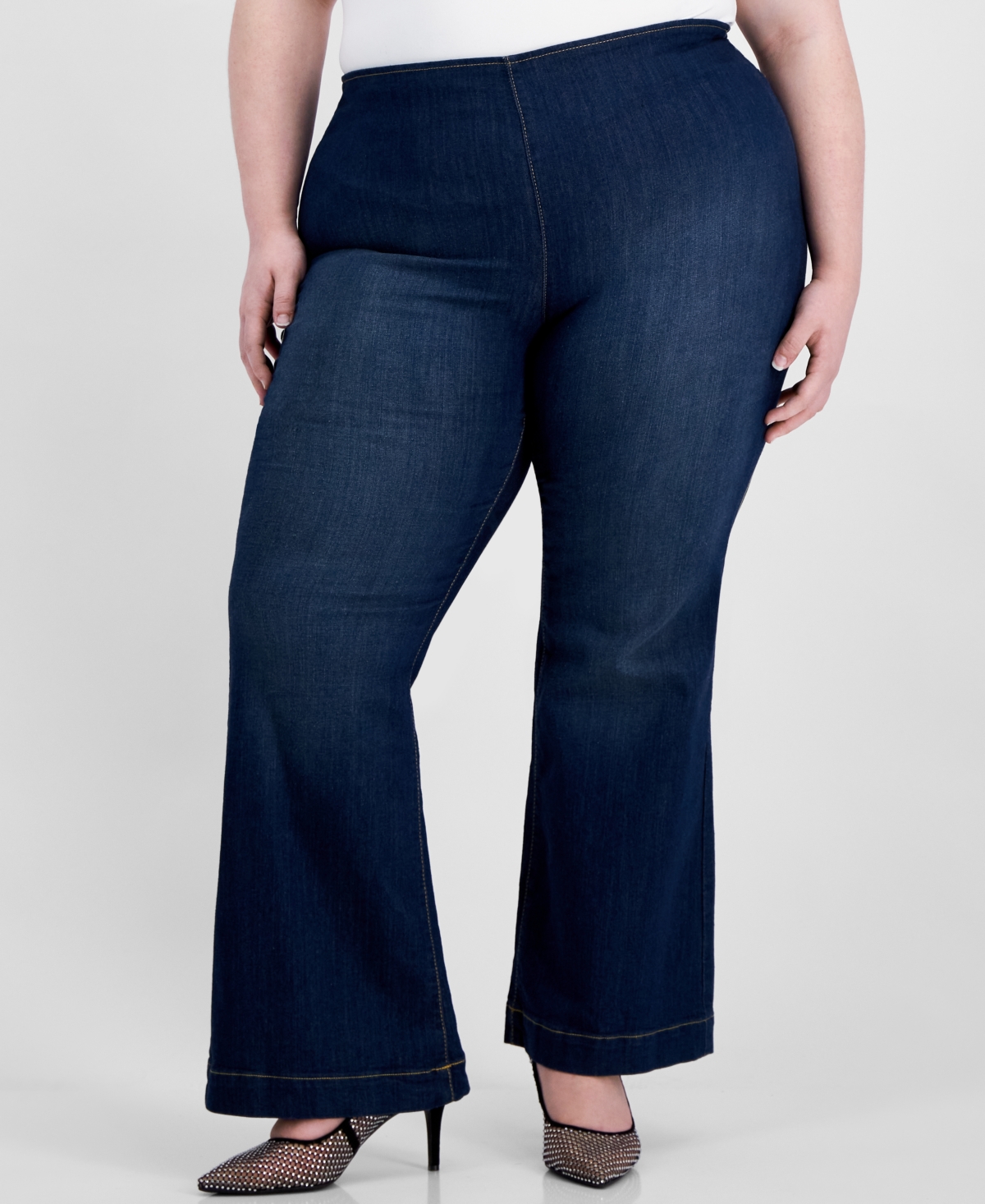 Inc International Concepts Plus Size Pull-on Flare-leg Denim Jeans, Created For Macy's In Dark Indigo