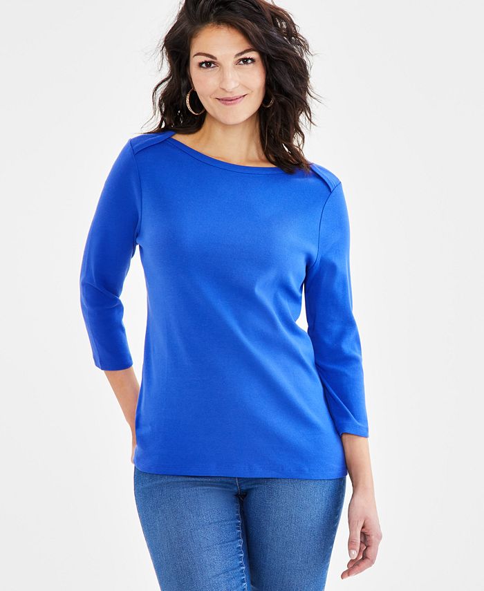 Style & Co Women's Pima Cotton 3/4-Sleeve Boat-Neck Top, Regular ...