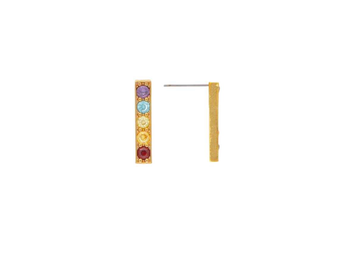 Multi Color Crystal Bar Earrings - Gold with multi color crystals