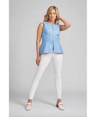 Women's Reagan Faux Leather Fitted High Low Peplum Vest with Gold Zippered Front