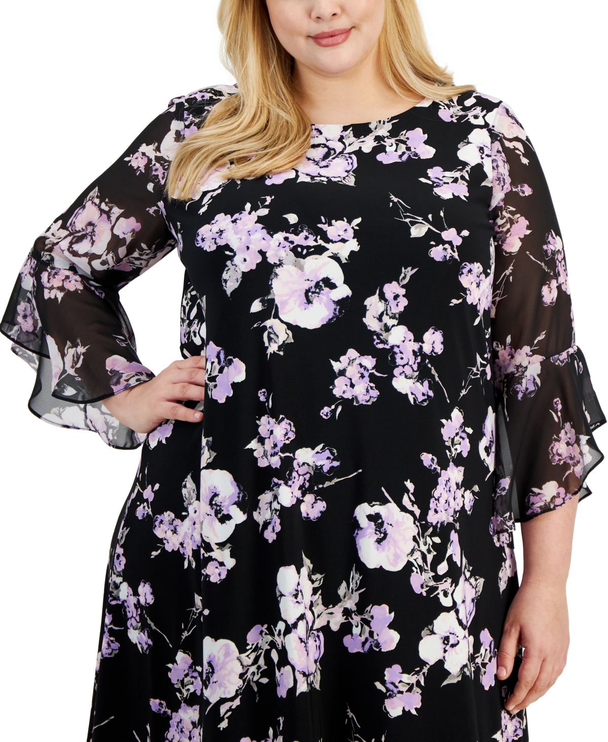 Shop Kasper Plus Size Floral 3/4-sleeve Shift Dress In Black,lavender Mist Multi