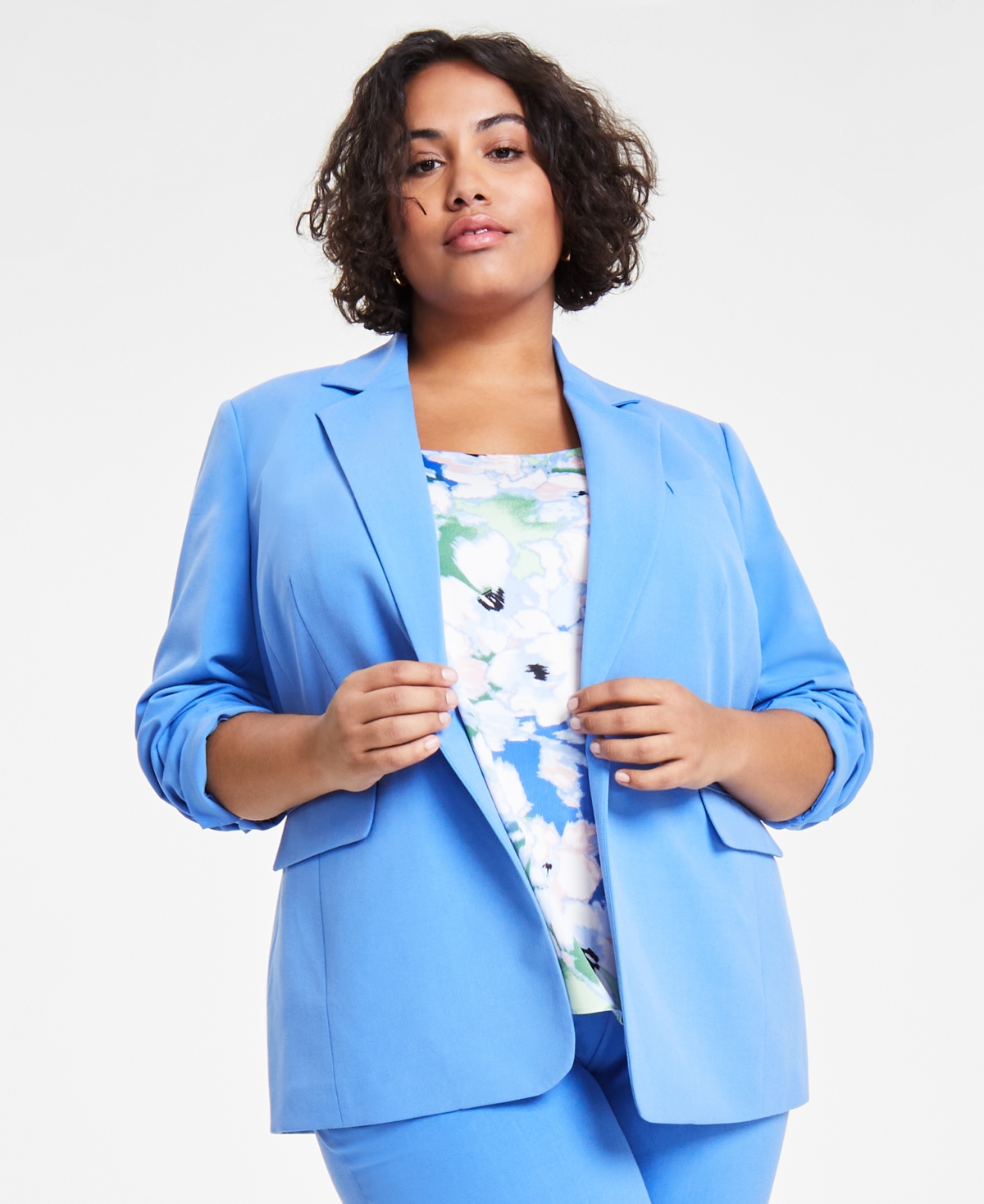 Plus Size One-Button Long-Sleeve Blazer, Created for Macy's - Delft Blue