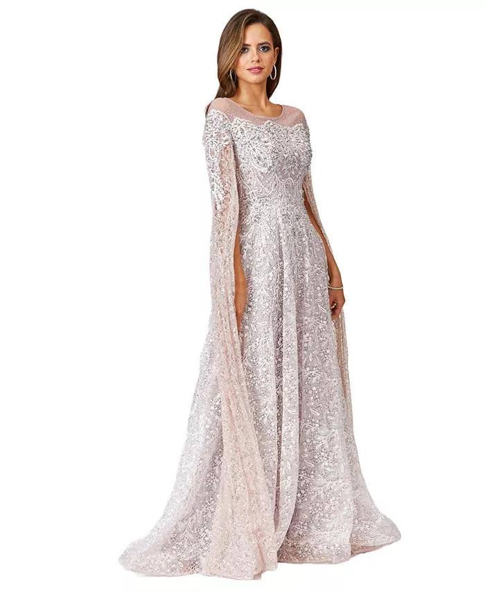 Women's Lace Gown with Dramatic Cape Sleeves - thumbnail 3