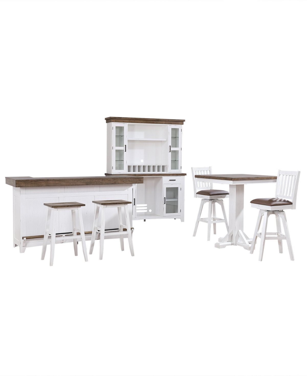 Macy's Peighton 8-piece Bar Set (back Bar With Hutch, Bar With 2 Saddle Stools, And Pub Table With 2 Swivel In White Washed Brown
