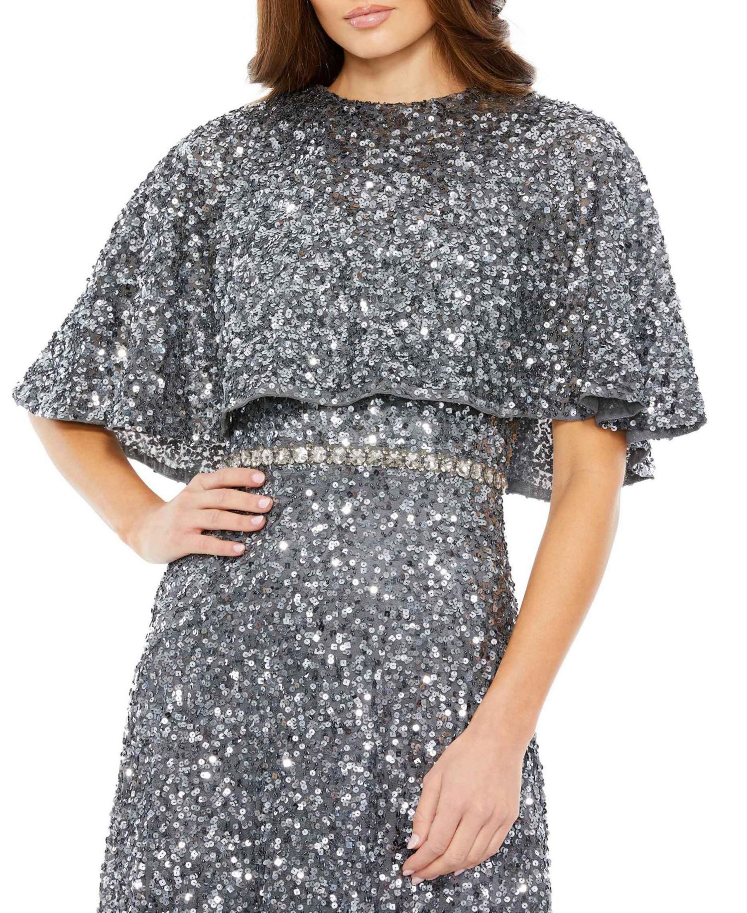 Women's Embellished Cape High Neck Midi Dress