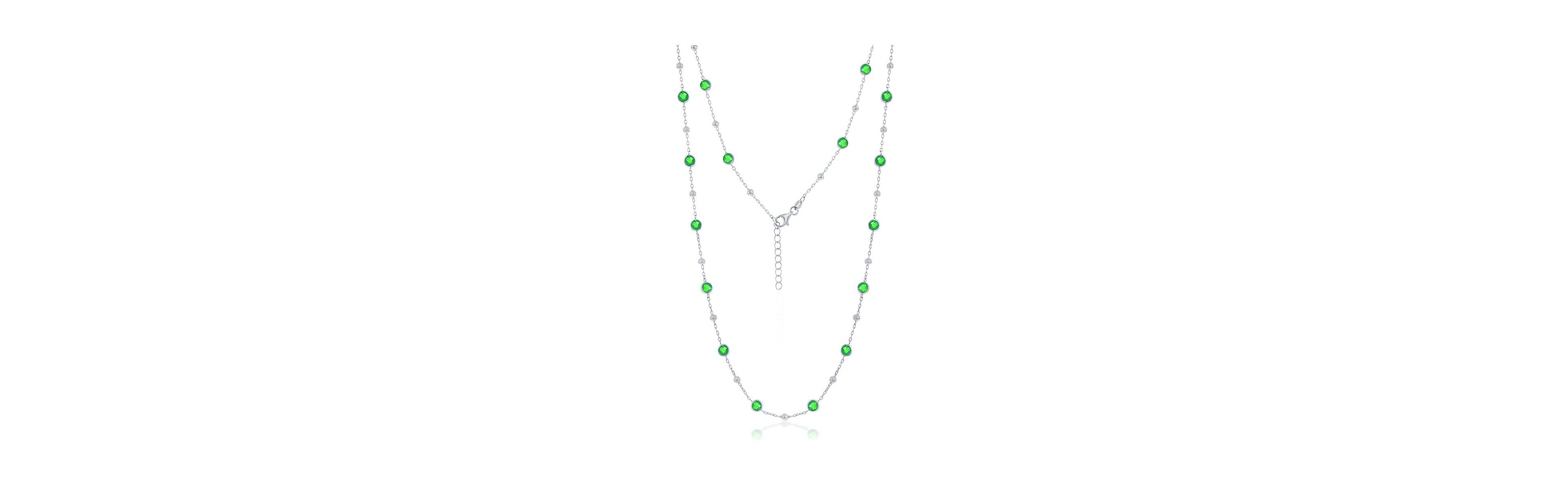 Sterling Silver Bezel-Set Cz & Bead Station Necklace (White, Green, Blue