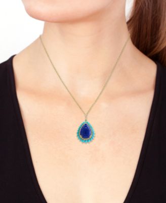 EFFY&reg; Lapis Lazuli, Turquoise, & Diamond (1/5 ct. t.w.) Pear Halo 18" Pendant Necklace in 14k Gold