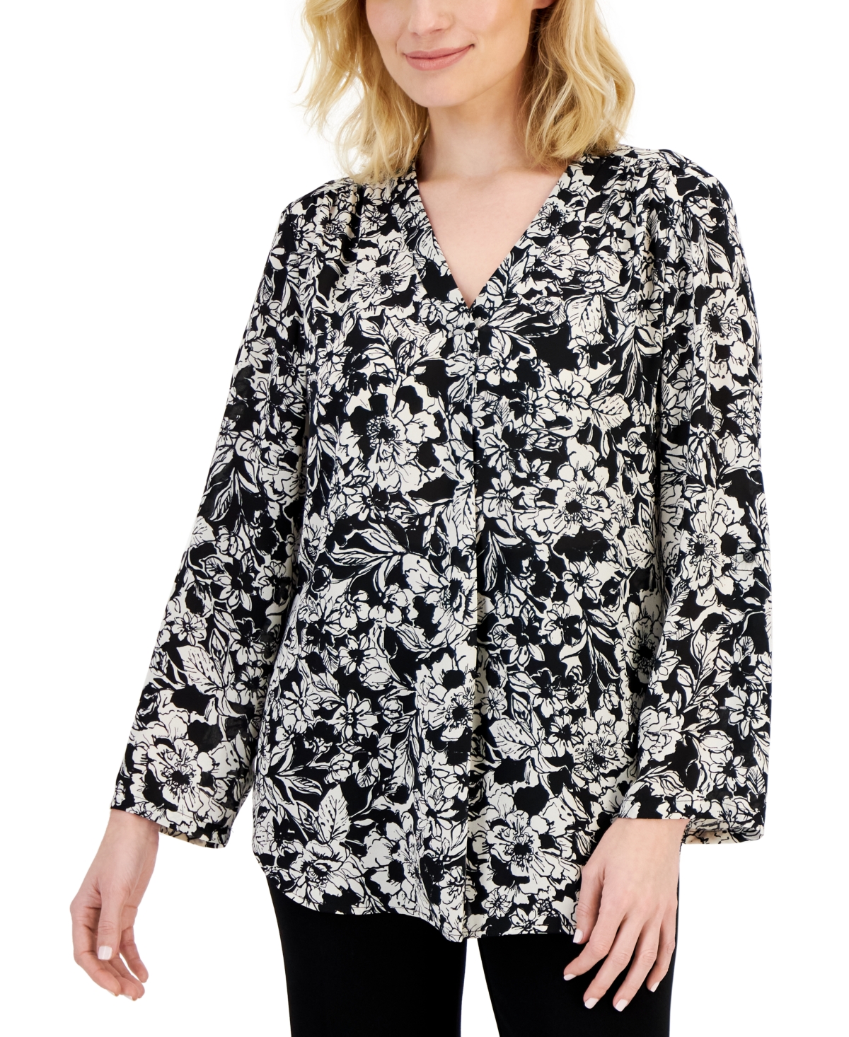 Petite Printed Pleated Tunic - Anne Black/Anne White Floral