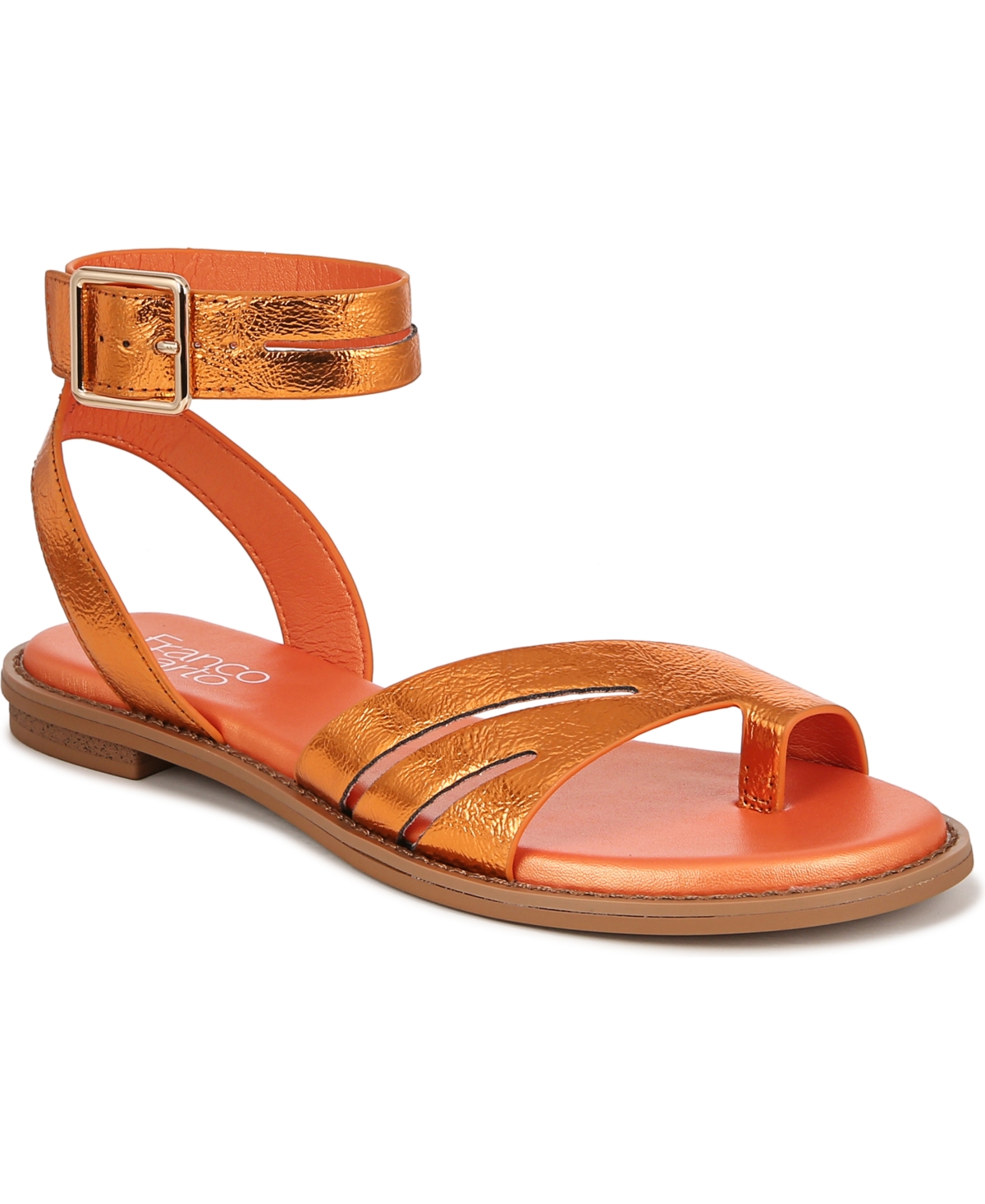Shop Franco Sarto Women's Greene Toe Loop Ankle Strap Sandals In Metallic Orange Faux Leather