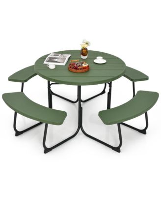 Outdoor 8-person Round Picnic Table Bench Set with 4 Benches & Umbrella Hole