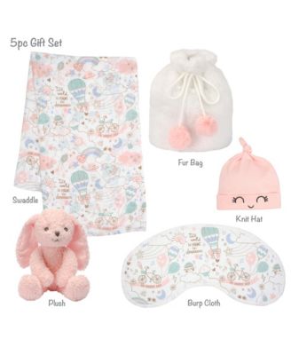 5 Piece Pink/White Bunny Infant/Newborn Baby Gift Set w/ Swaddle