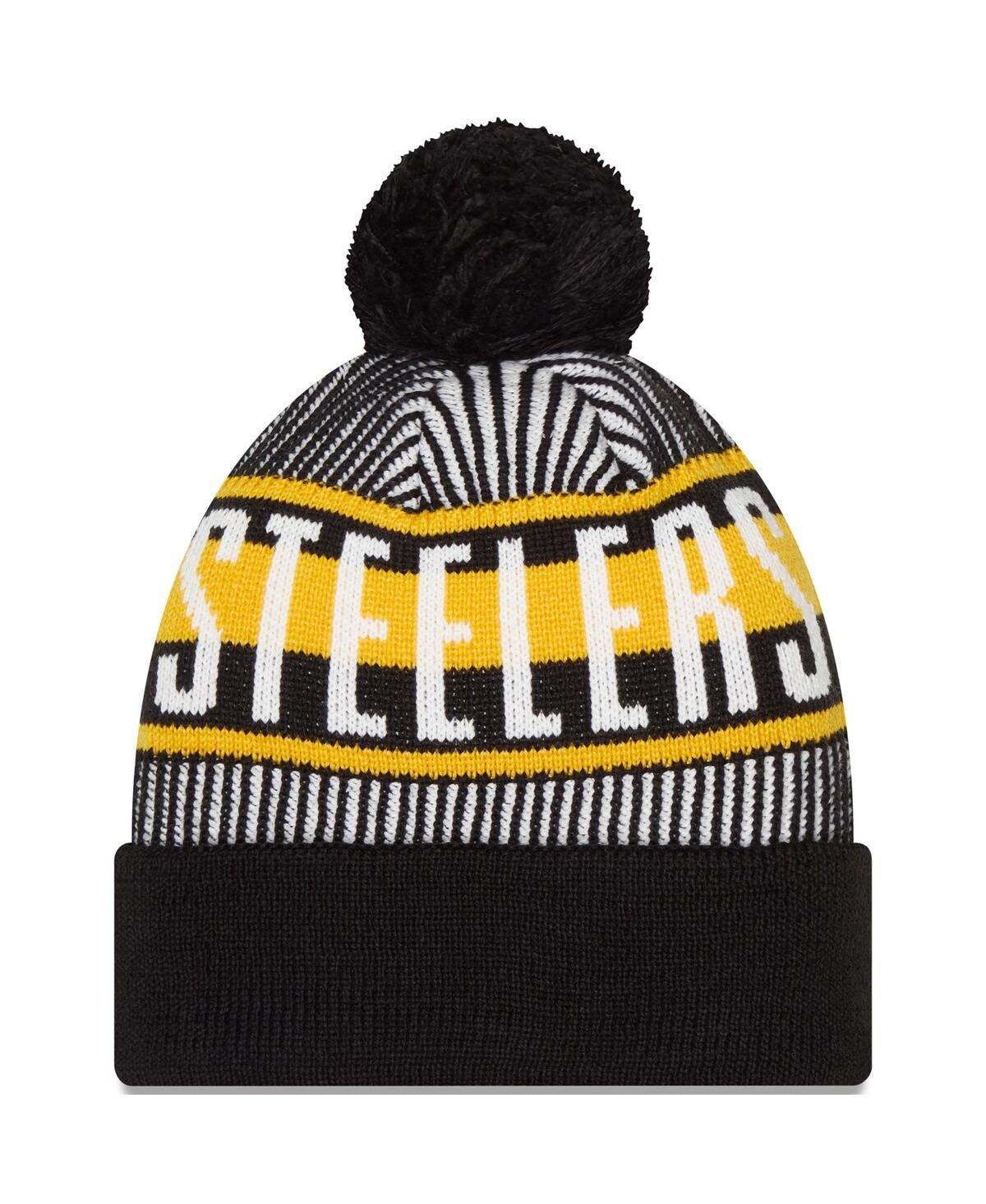 Men's New EraPittsburgh Steelers Striped Cuffed Knit Hat with Pom - Black