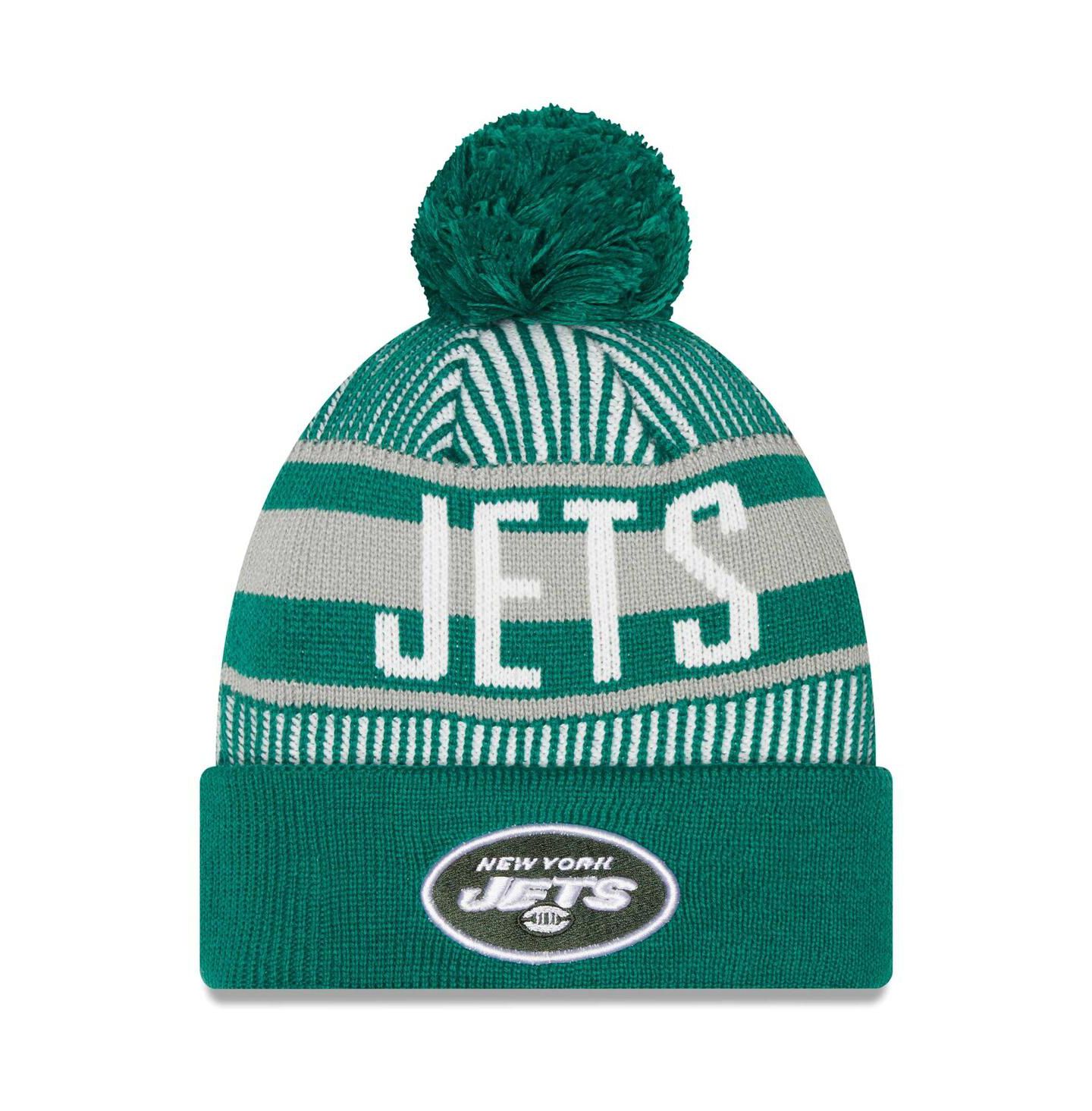 Мужская шапка New Era Green New York Jets Striped Cuffed Knit Hat with Pom — фото 1