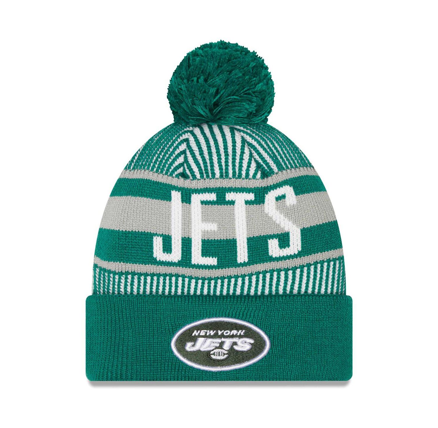 Men's Green New York Jets Striped Cuffed Knit Hat with Pom