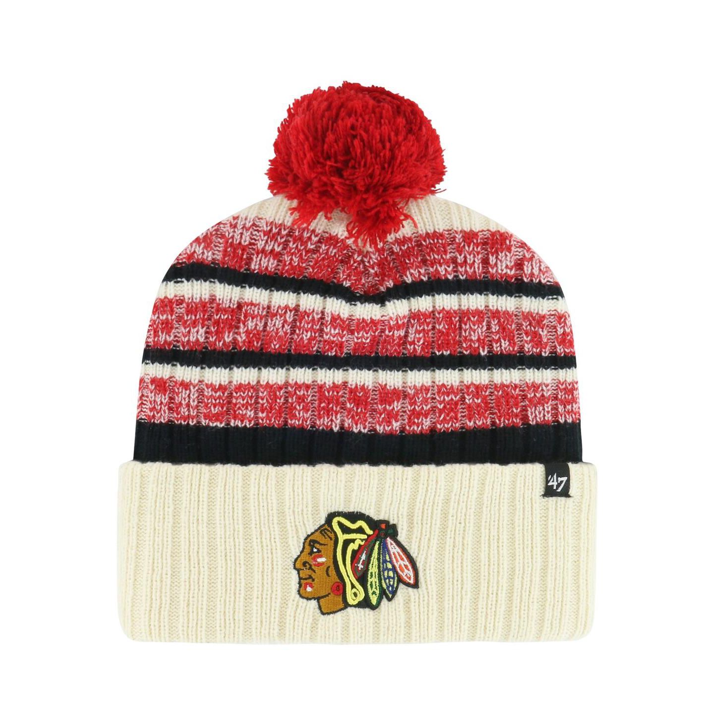 Мужская шапка '47 Brand Cream Chicago Blackhawks Tavern Cuffed Knit Hat with Pom — фото 1