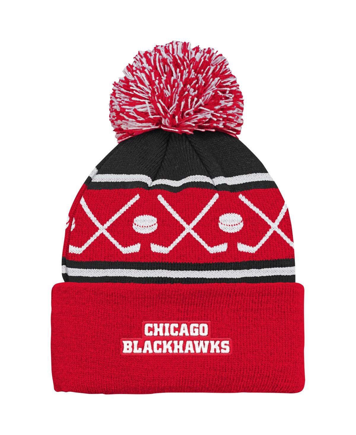 Outerstuff Youth Boys And Girls Red Chicago Blackhawks Face-off Cuffed Knit Hat With Pom In Red