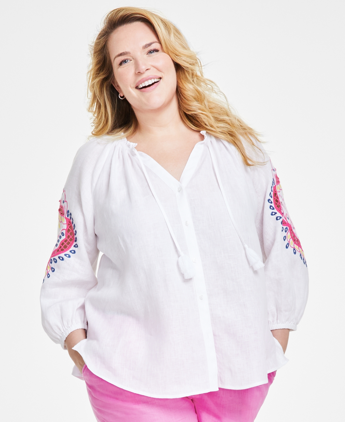 Plus Size Tassel-Tie Open-Embroidery Blouse, Created for Macy's - Bright White