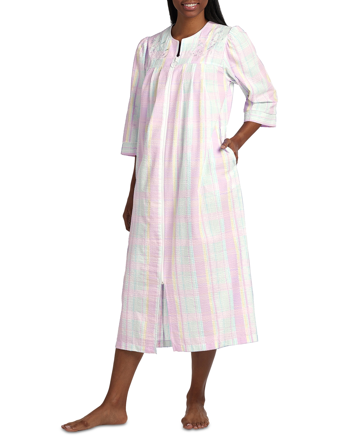 Women's 3/4-Sleeve Plaid Zip-Front Robe - Pink/blue/yellow Plaid