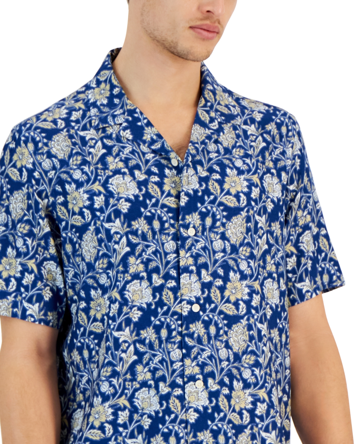 Shop Club Room Men's Aretta Regular-fit Floral-print Button-down Camp Shirt, Created For Macy's In Navy Crush