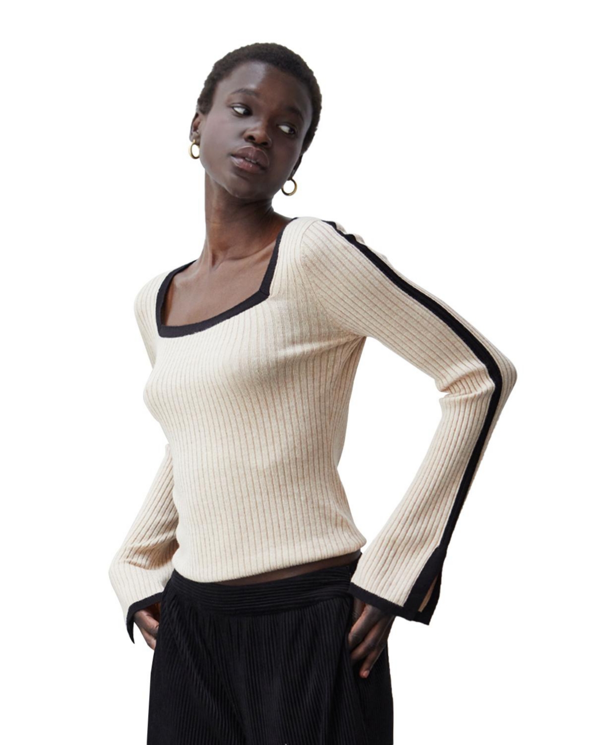 Women's Isla Basic Square Knit Top with Contrast Detail - Natural + oatmeal