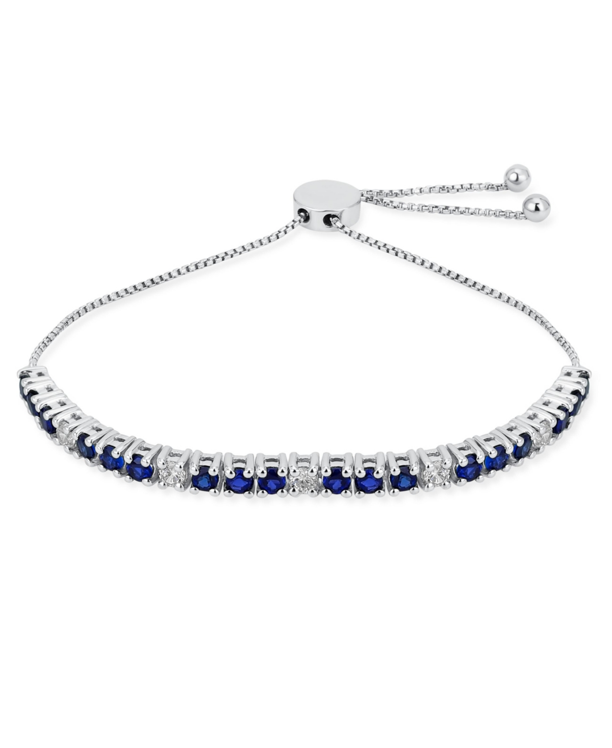 Gemstones 2.2 Ctw White Zircon Alternating Created Blue Sapphire Bolo Tennis Bracelet for Women Adjustable 7-8 Inch .925 Sterling Silver - Blue
