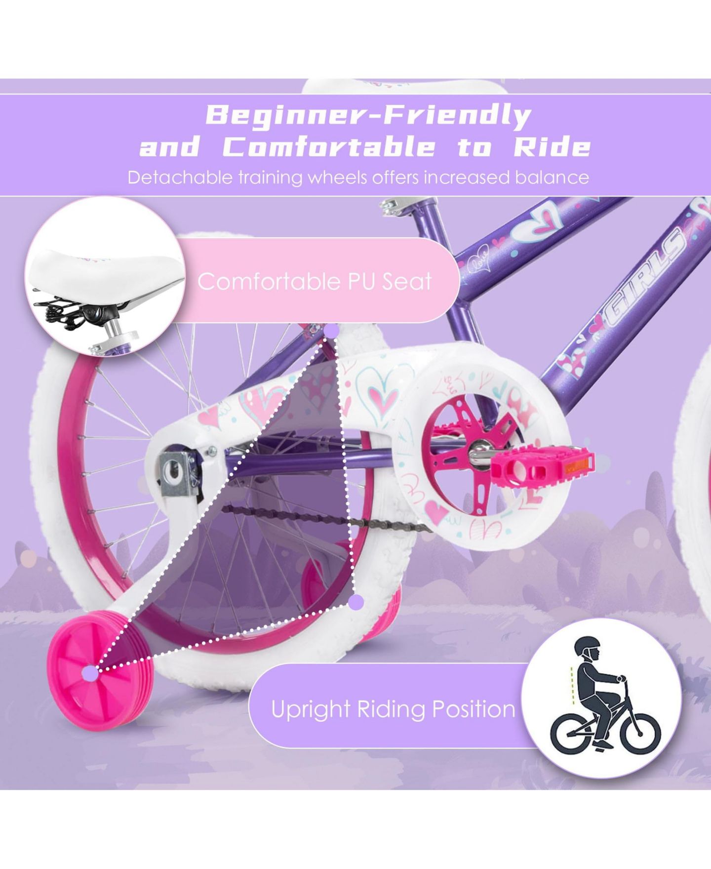 Детская игрушка SUGIFT Kids Bike for Girls, Removable Training Wheels Included, Toddler Bike Bicycle for Kids Ages 4-12 Years Old, цвет: Фиолетовый — фото 2