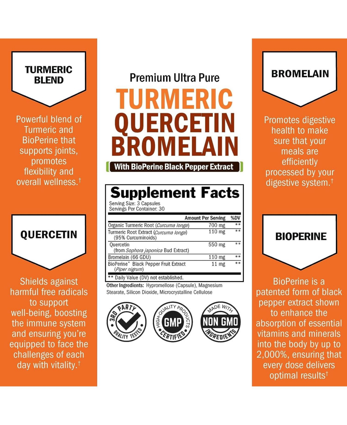 Turmeric Curcumin with BioPerine, Quercetin, Bromelain - Organic Turmeric Supplement - Immune & Joint Support, 90ct