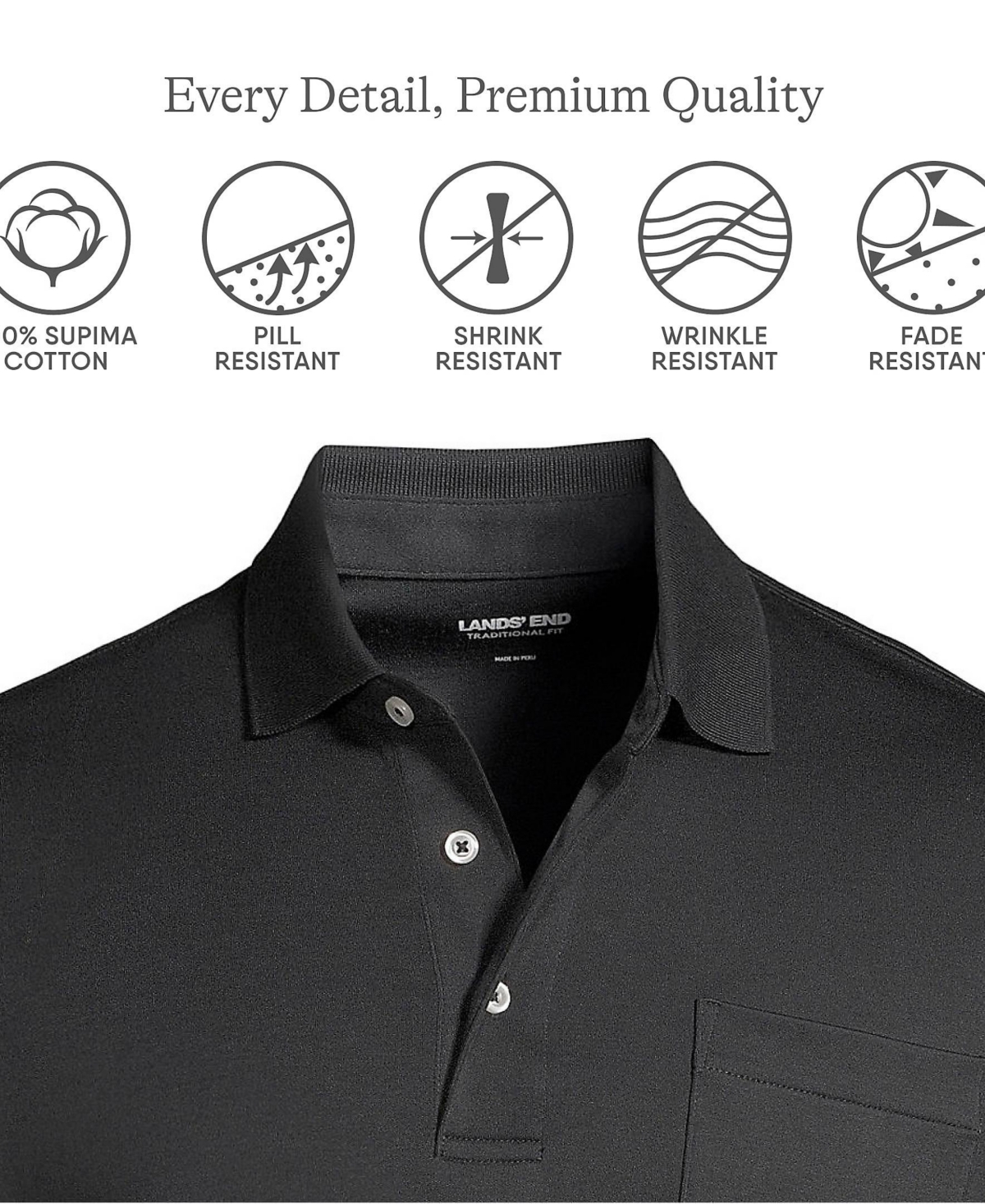 Lands' End Men's Short Sleeve Cotton Supima Polo Shirt with Pocket