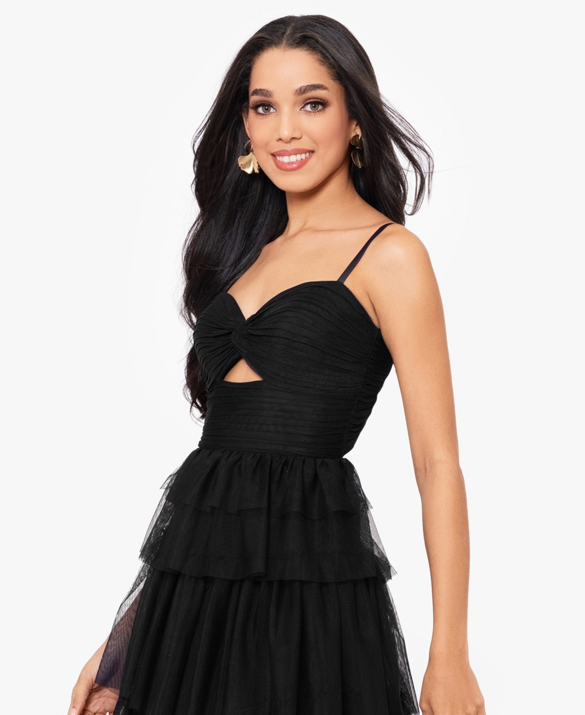 Shop Blondie Nites Juniors' Tiered-mesh Cut-out Dress In Black