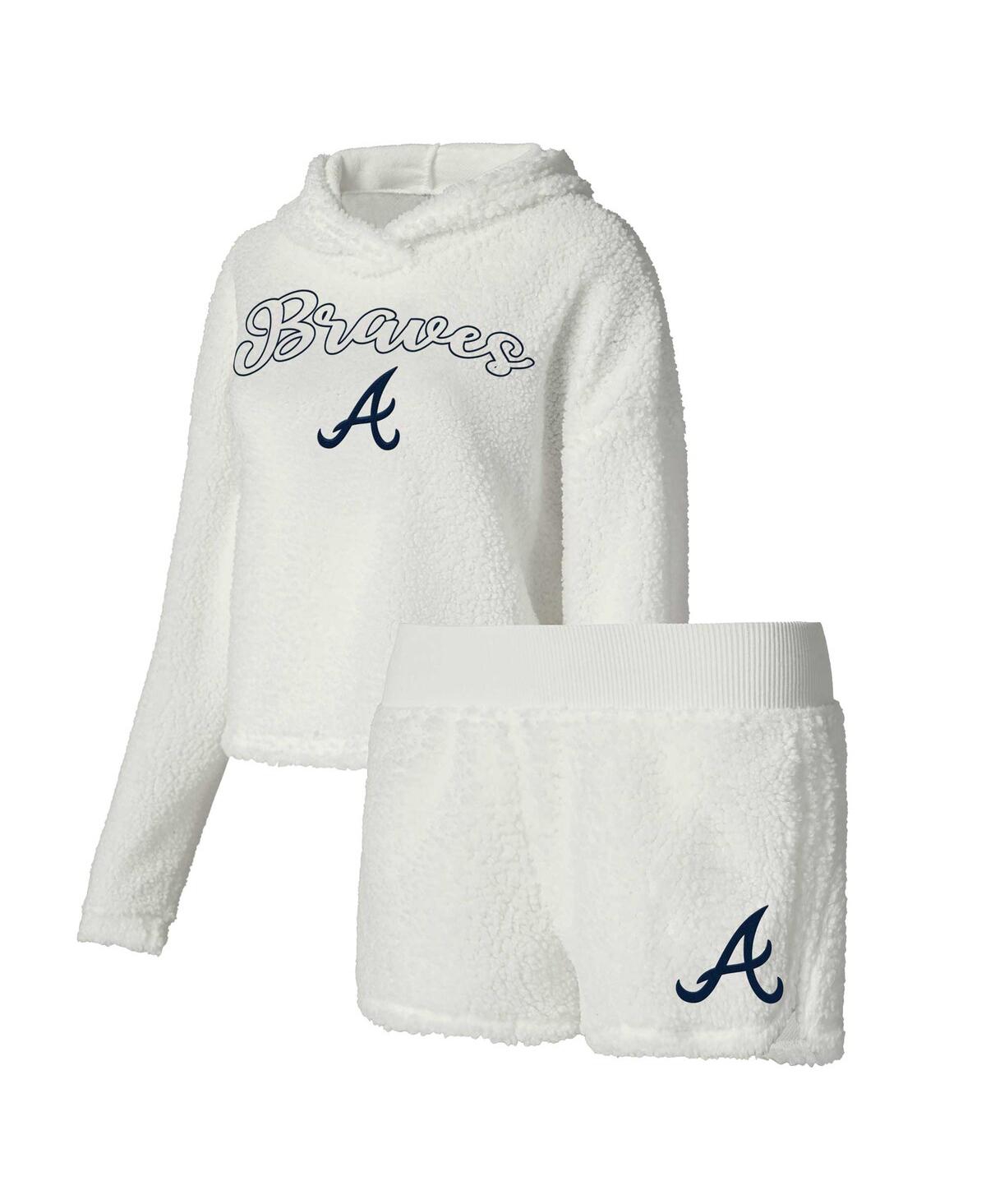 Concepts Sport Women's  Cream Atlanta Braves Fluffy Hoodie Top And Shorts Sleep Set