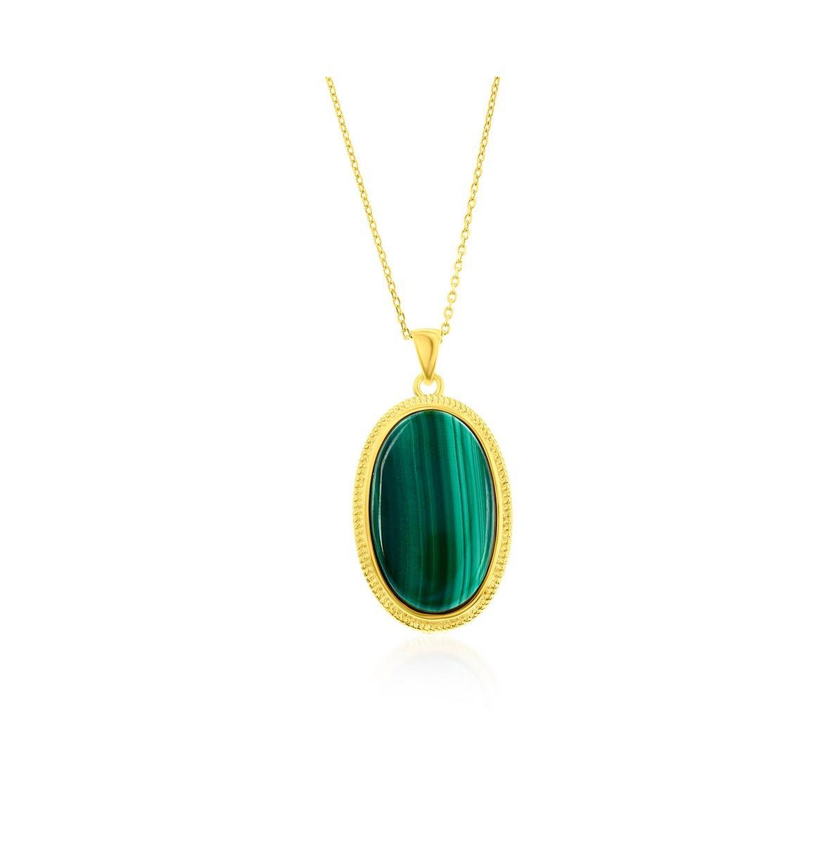Sterling Silver or Gold plated over Sterling Silver Oval Malachite Beaded Border Pendant Necklace - Gold