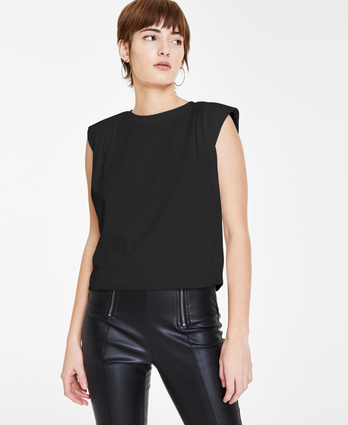 Petite Sleeveless Pleated-Shoulder T-Shirt, Created for Macy's - Deep Black