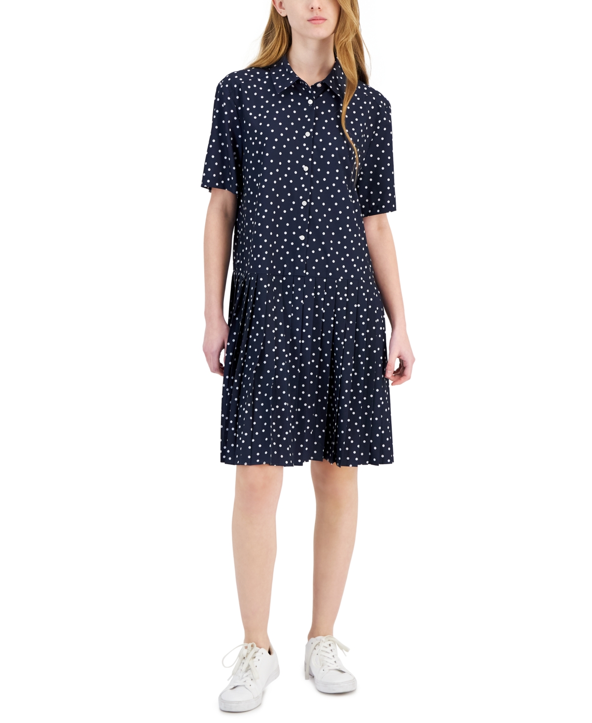 Shop Tommy Hilfiger Women's Polka-dot Pleated Shirtdress In Blue